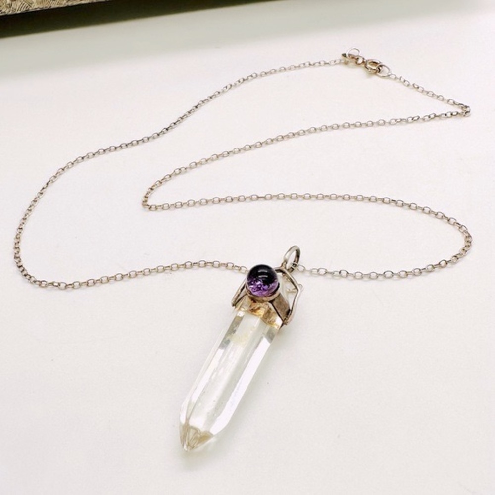 Vintage quartz & amethyst prism pendant necklace